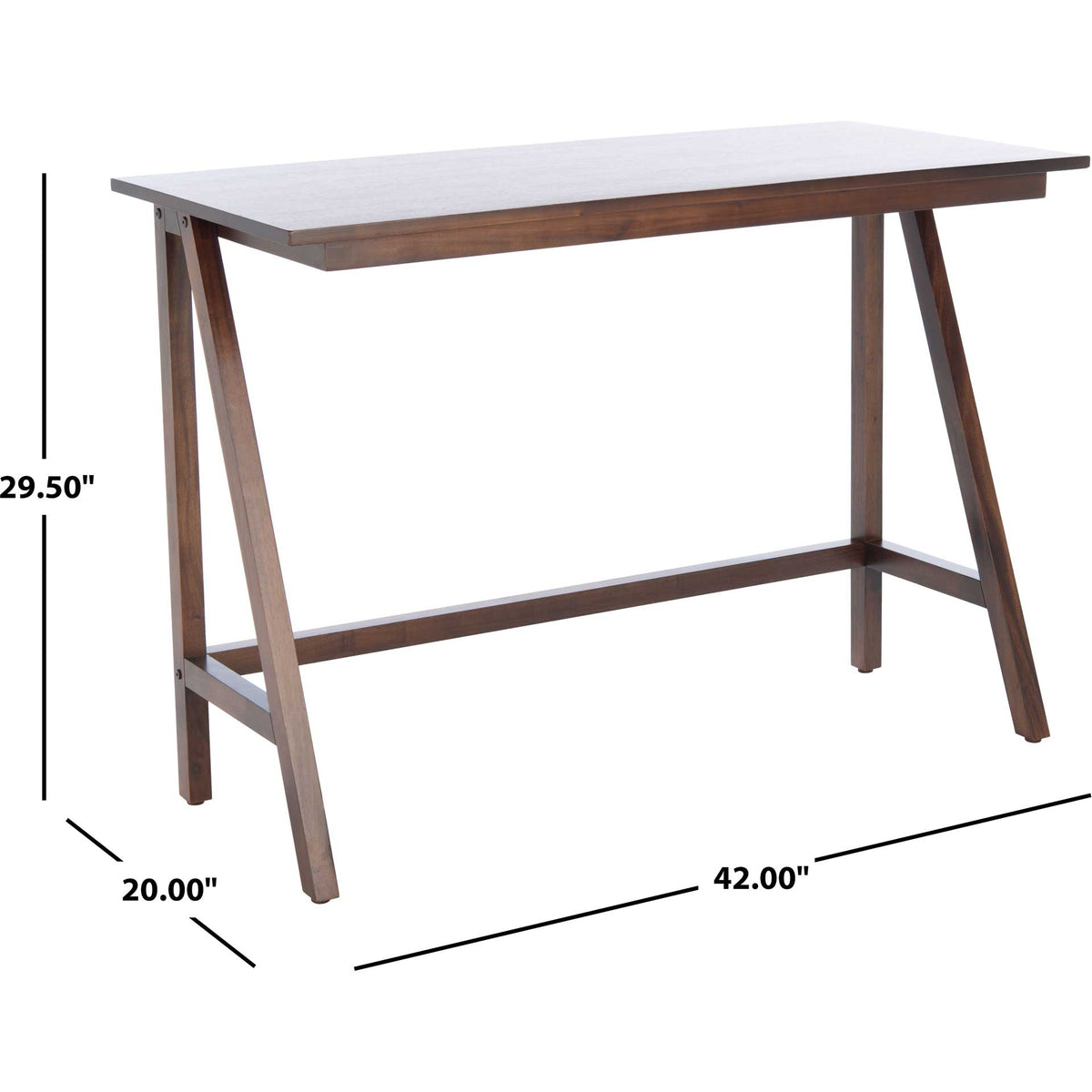 The walnut desk measures 42 inches wide, 20 inches deep, and 29.5 inches high.