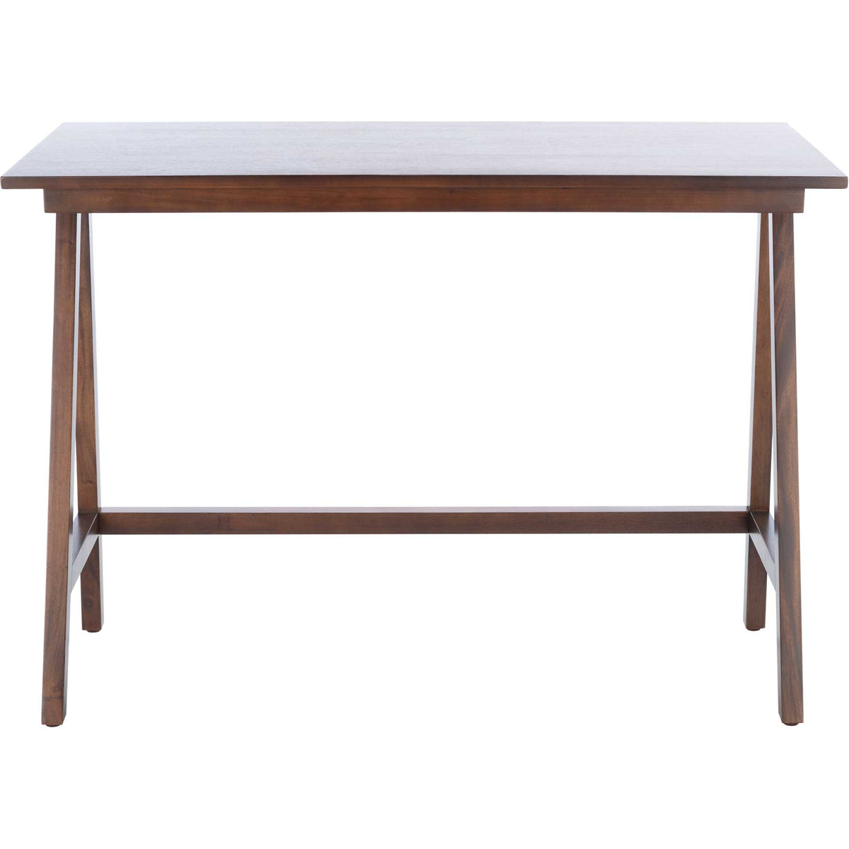 A walnut-finished mahogany desk combines a broad worktop with an airy crossbar frame. || DSK5000A || front_studio