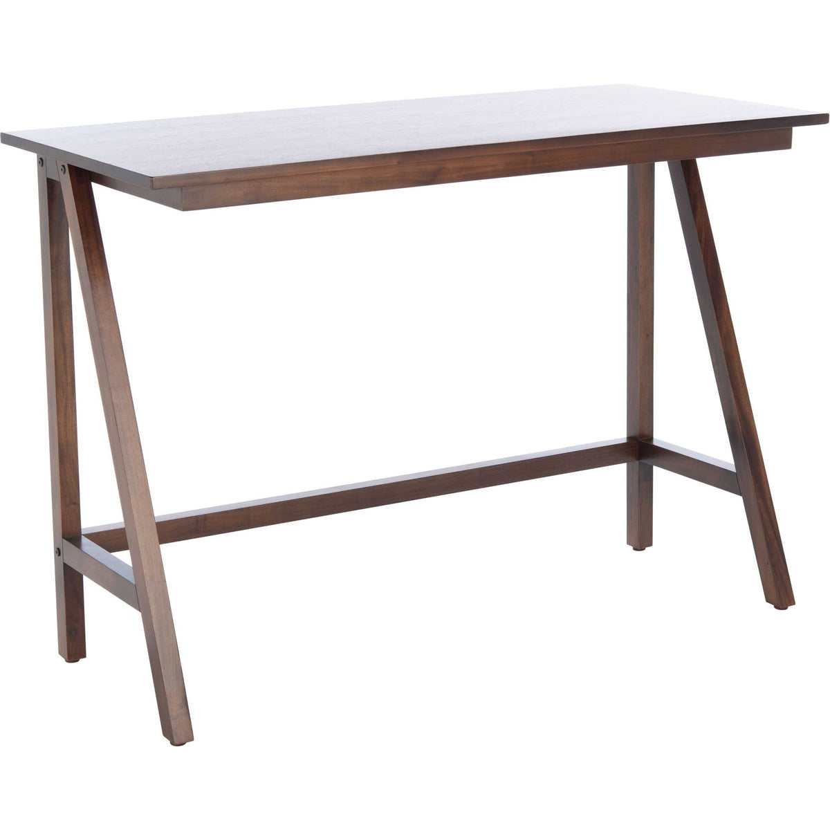 Warm walnut tones and angled A-frame legs lend the slender desk an architectural feel. || DSK5000A || front_angle_studio
