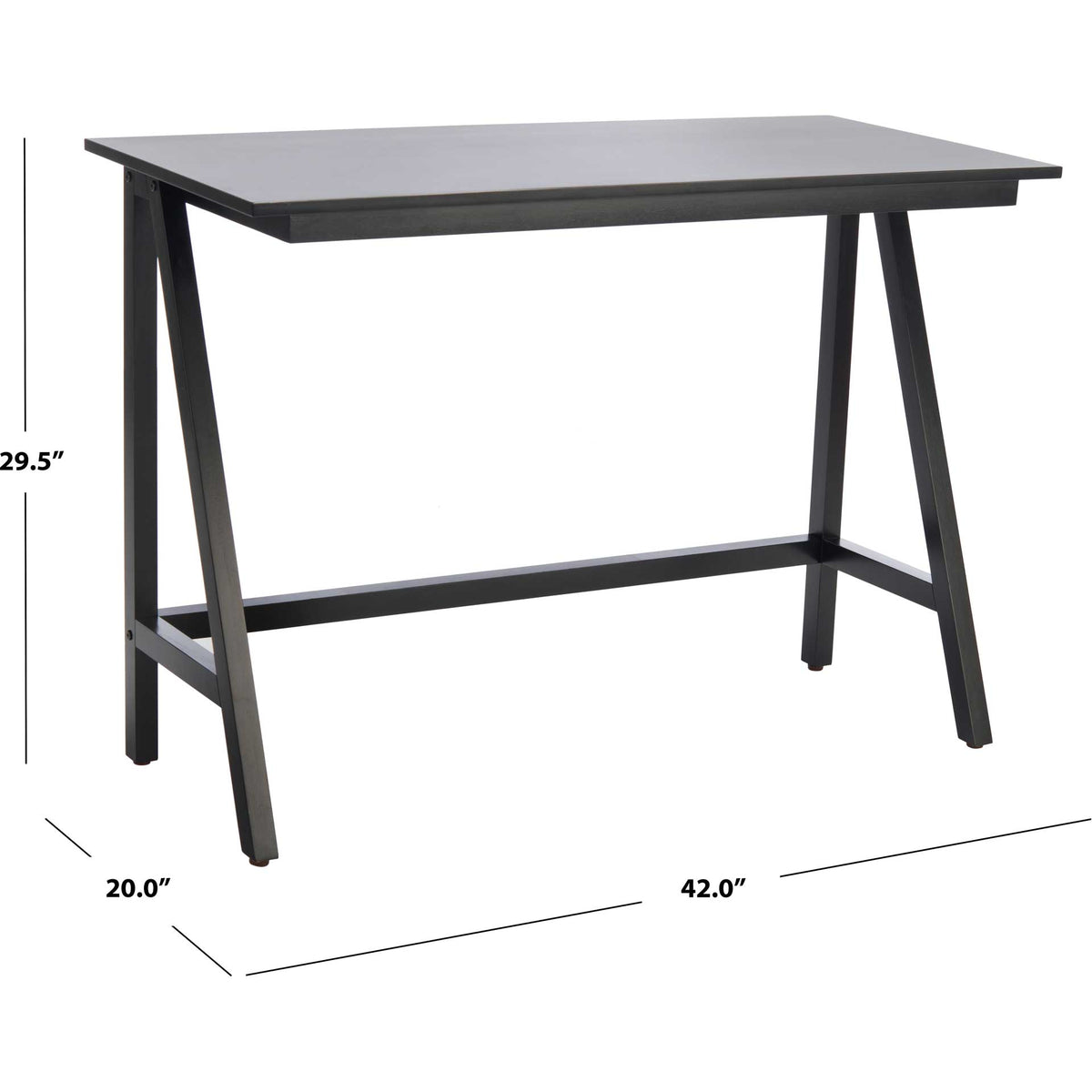 The black desk measures 42 inches wide, 20 inches deep, and 29.5 inches high.