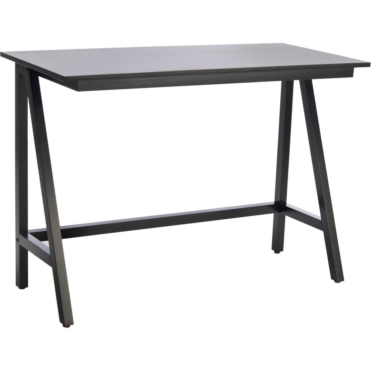 An asymmetrical A-frame adds architectural flair beneath the black wood desktop. || DSK5000B || front_angle_studio