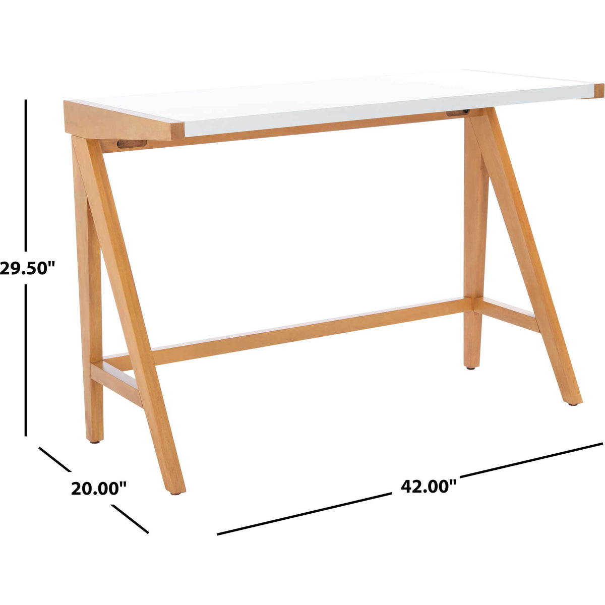 Two-tone desk measures 42 inches wide, 20 inches deep, and 29.5 inches high.