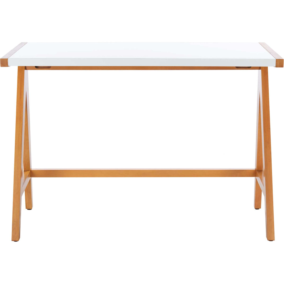Two-tone writing desk pairs a crisp white worktop with slim, oak-toned mahogany legs. || DSK5001A || front_studio