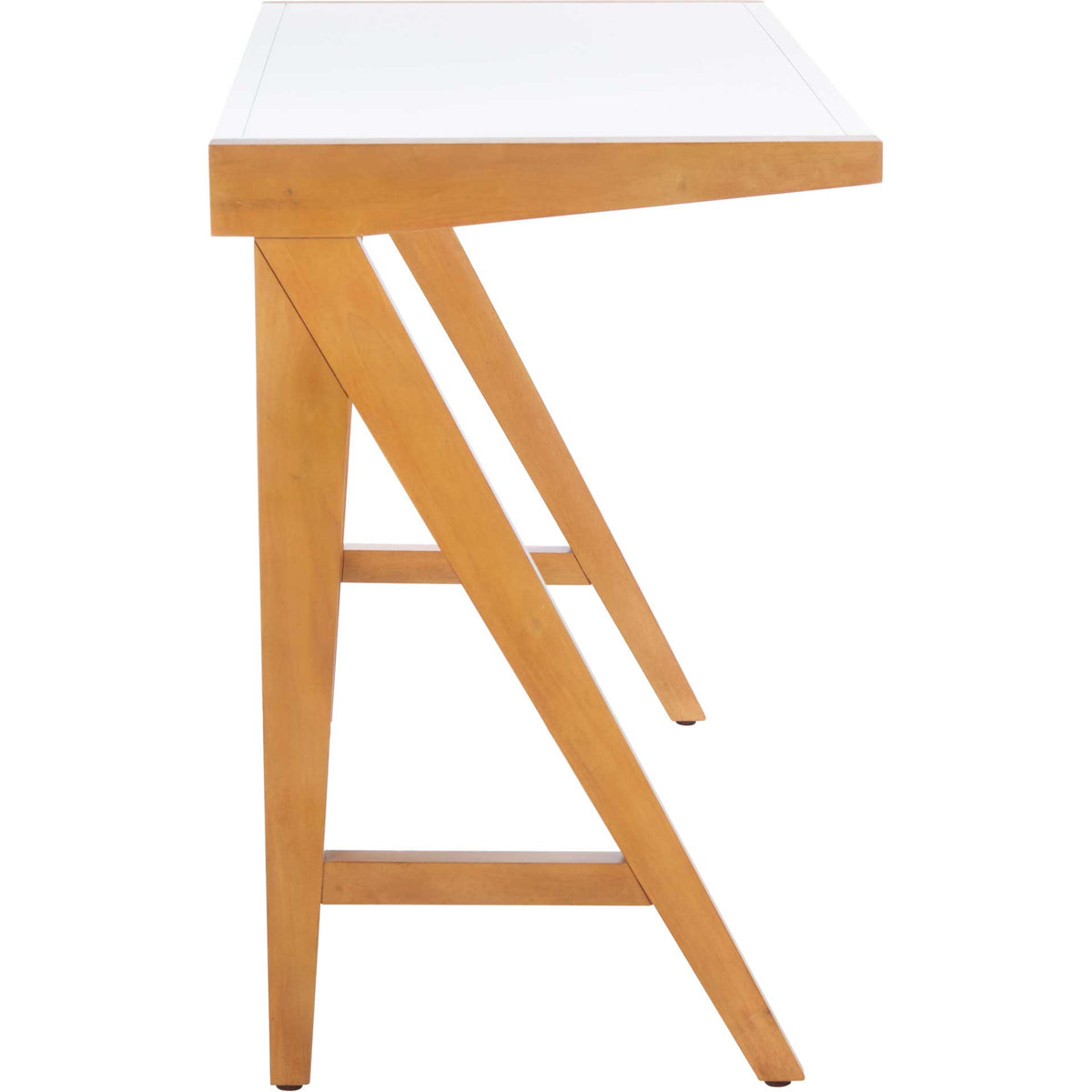 Warm wood legs form an open, asymmetrical A-frame beneath the white work surface.