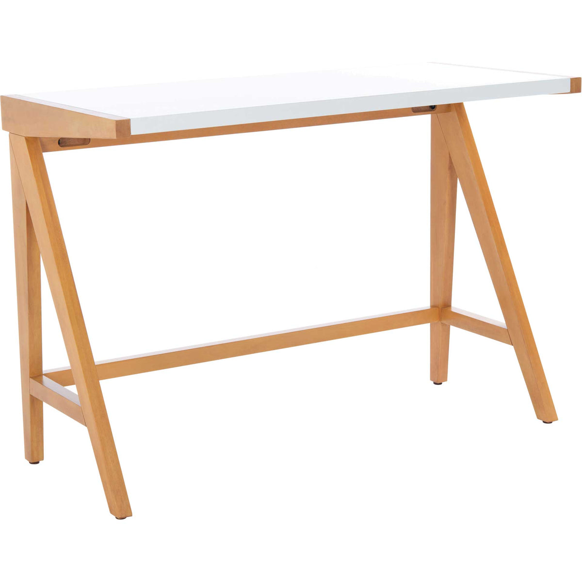 A bright white top balances warm oak-finished legs, angled A-frame supports, and a low crossbar. || DSK5001A || front_angle_studio