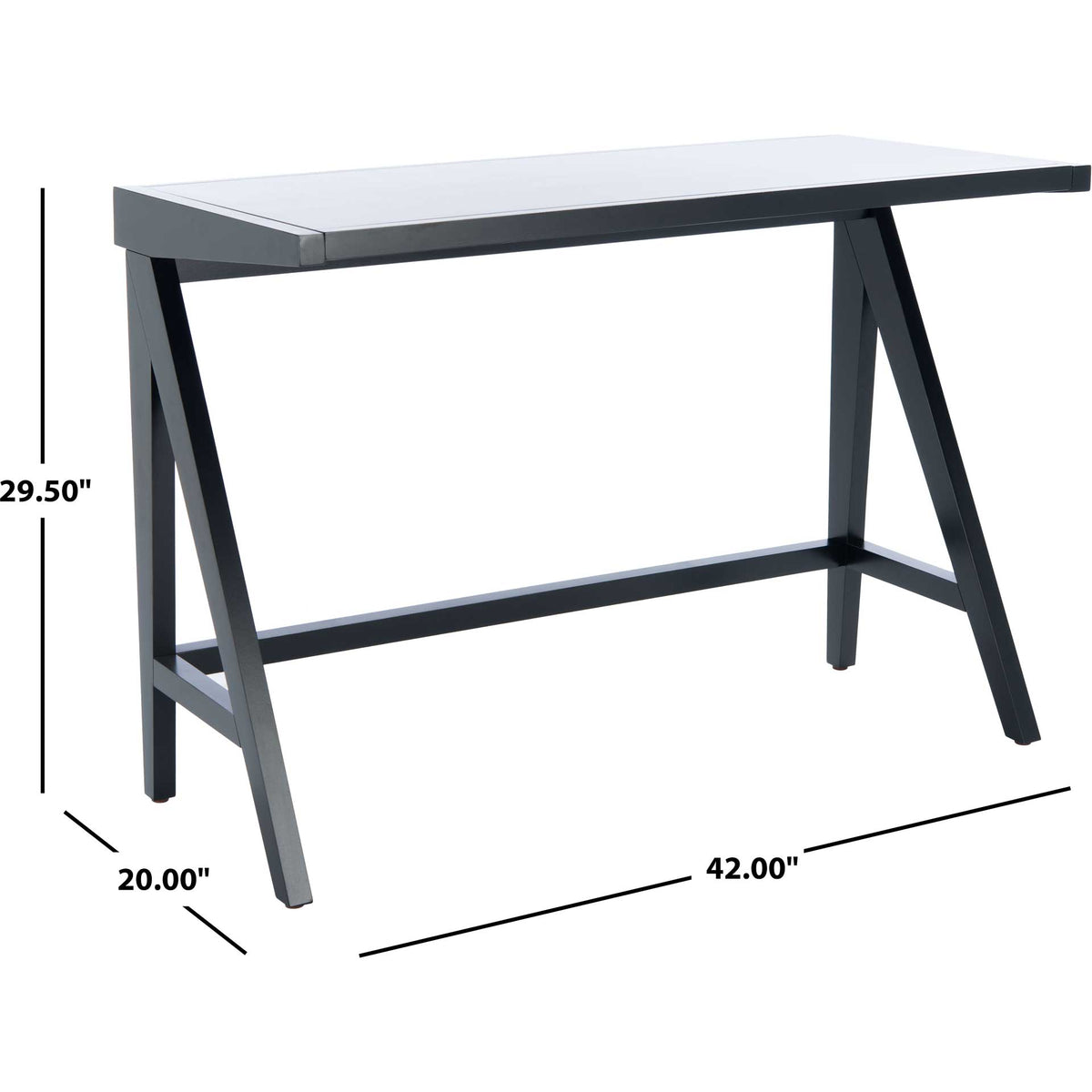 Black desk offers a 42-inch-wide work surface, 20-inch depth, and 29.5-inch height.