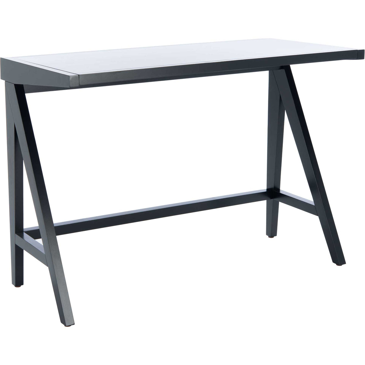 Sleek black desk combines a spacious worktop with angled A-frame legs and a low crossbar. || DSK5001B || front_angle_studio