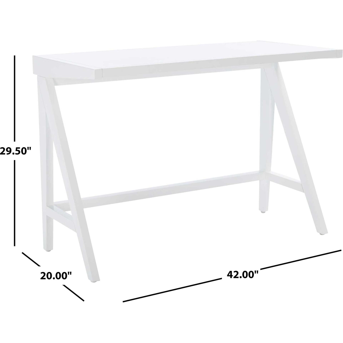 White desk measures 42 inches wide, 20 inches deep, and 29.5 inches high.