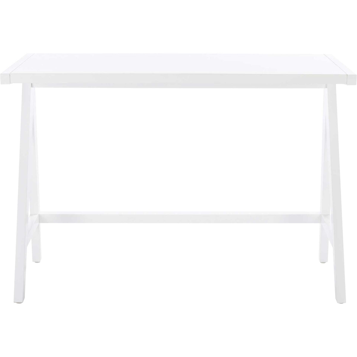White-finished mahogany desk offers a simple rectangular worktop and slender open supports. || DSK5001C || front_studio