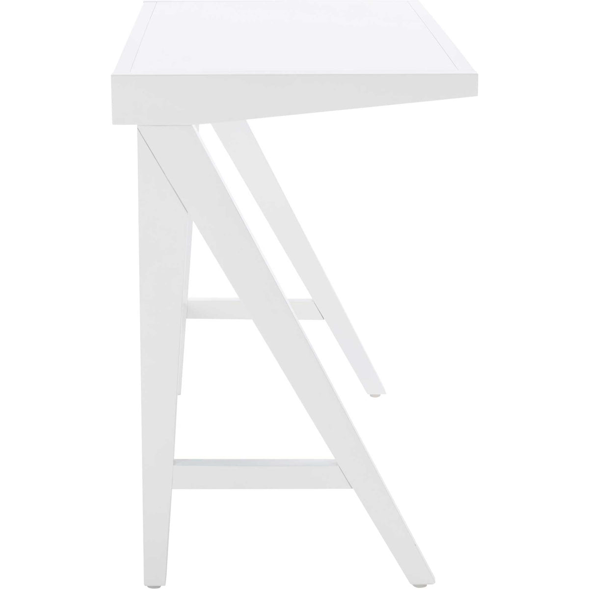 Splayed white legs and slim braces shape the desk's asymmetrical A-frame base.