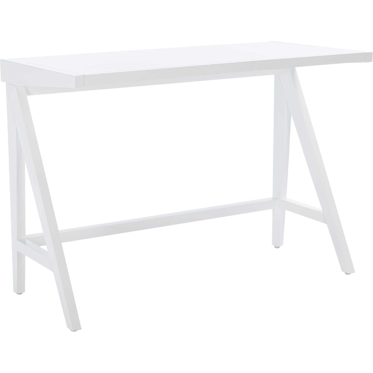 All-white desk blends a clean worktop with angled A-frame legs and a low support rail. || DSK5001C || front_angle_studio