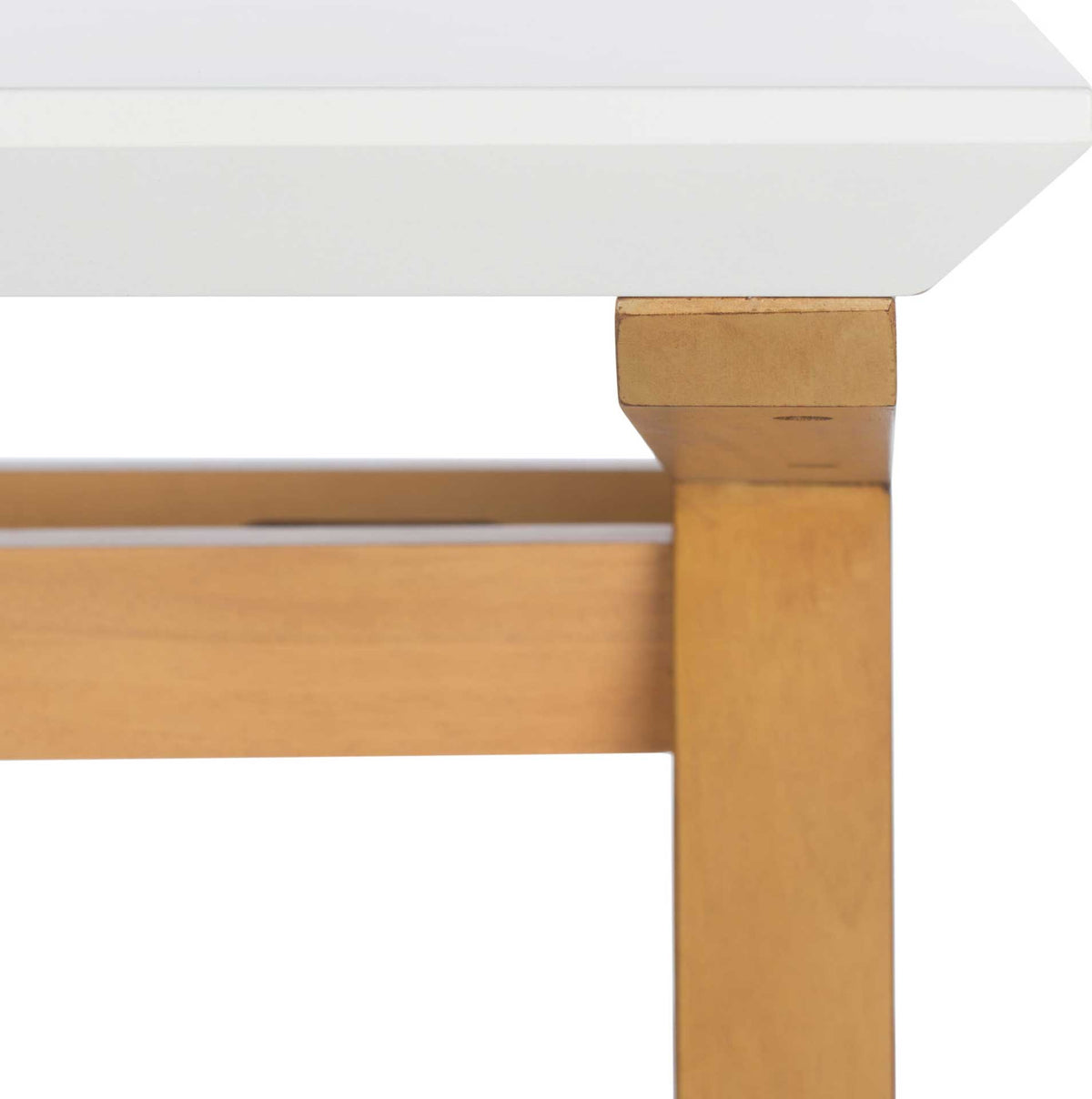 The beveled white desktop meets a neatly joined oak-toned wood frame.