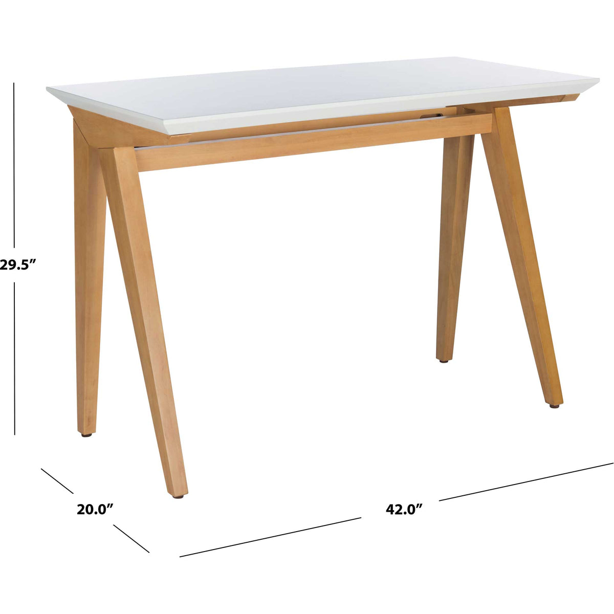 The white and oak-toned desk measures 42 inches wide, 20 inches deep, and 29.5 inches high.