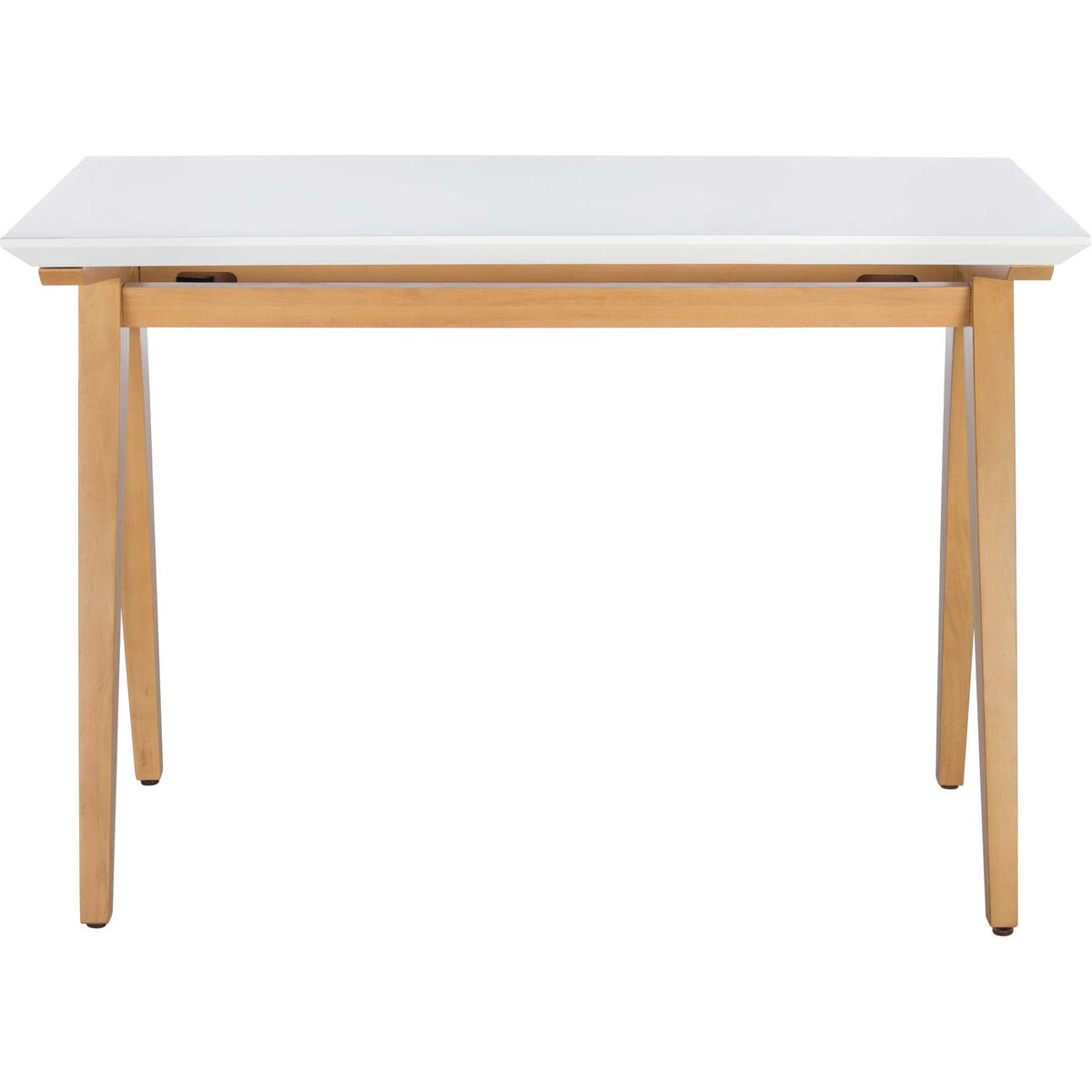 A clean white desktop and slender oak-toned legs create an airy workspace. || DSK5002A || front_studio