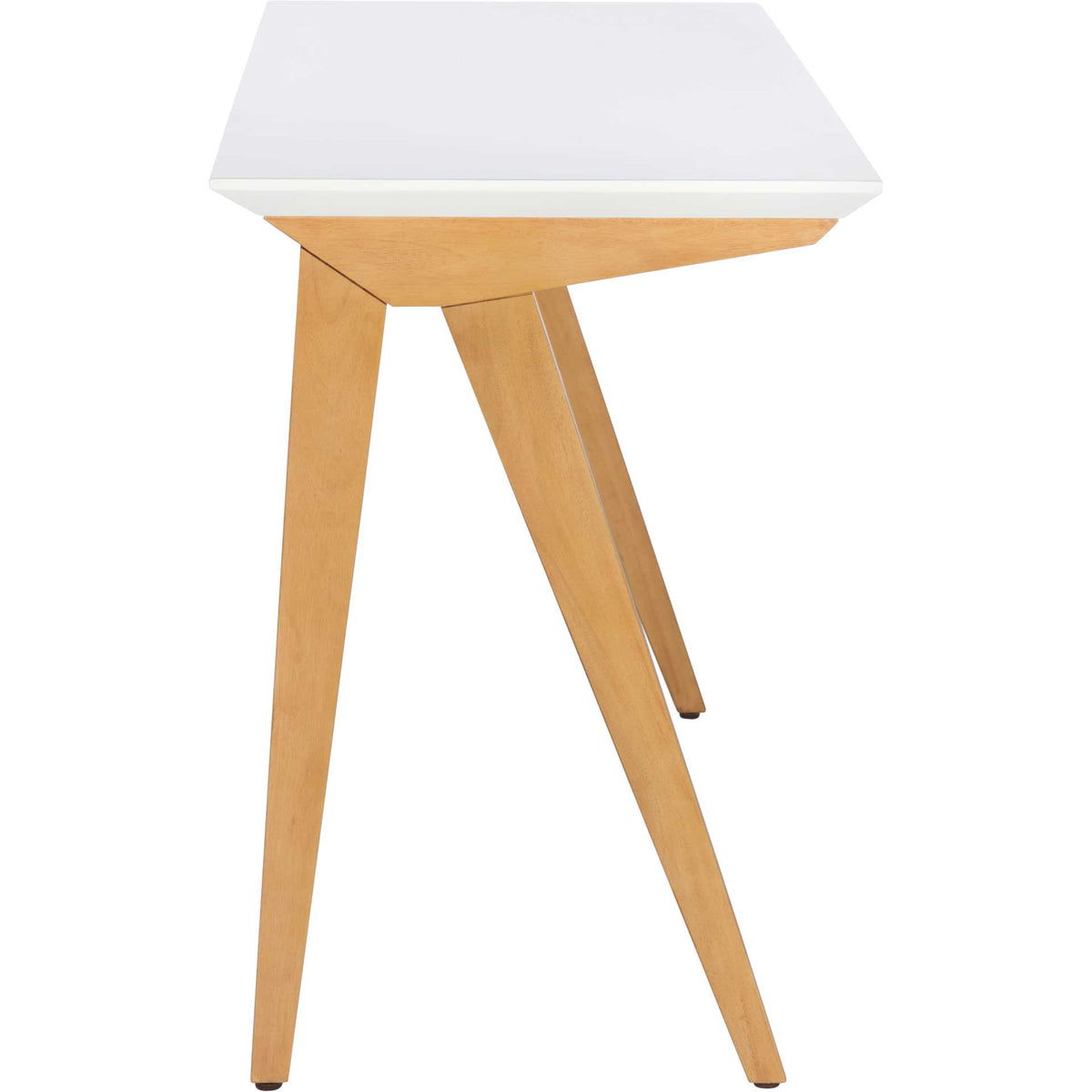 Splayed oak-toned legs form an open A-frame beneath the white desktop.