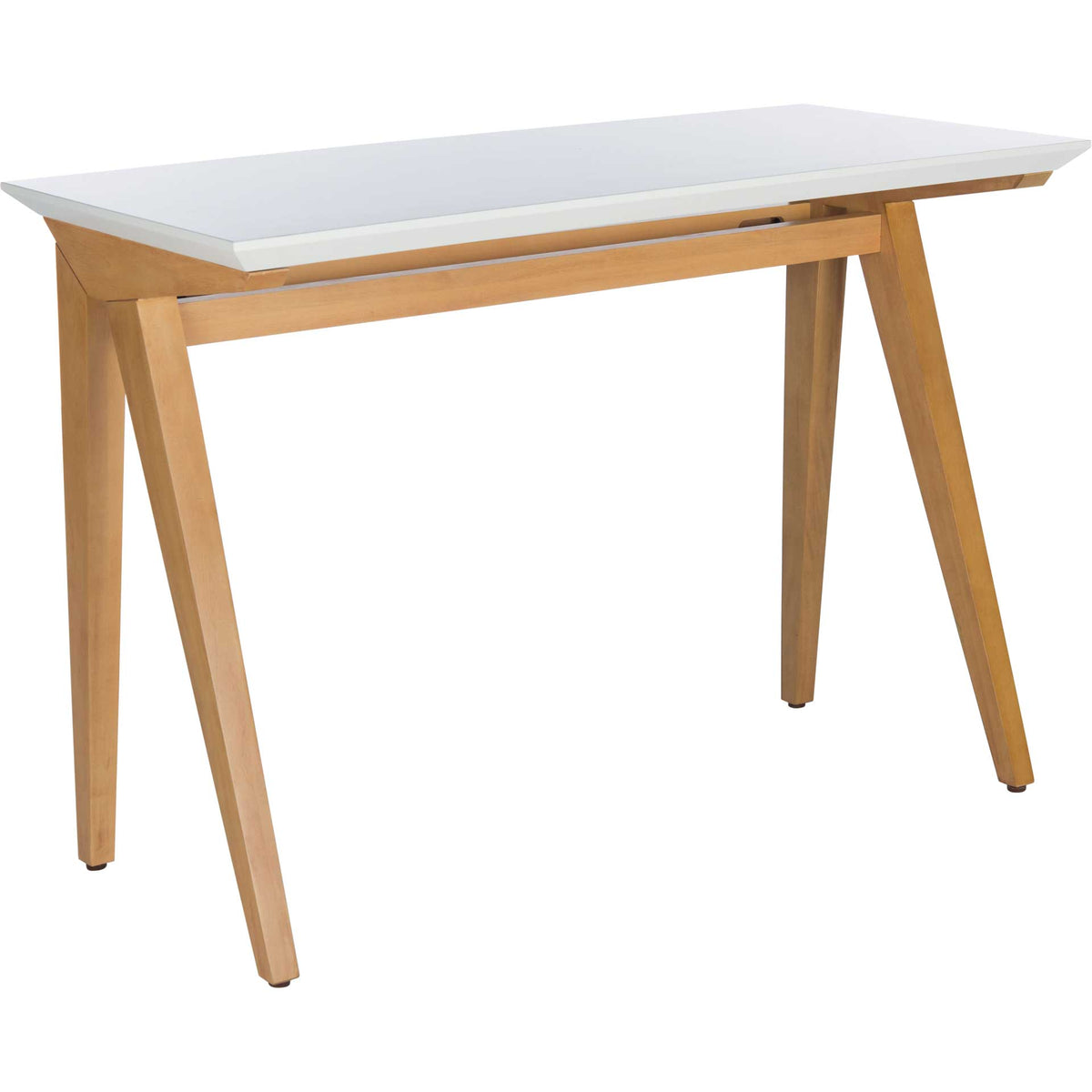 A white desktop rests above oak-toned A-frame legs and a slim support rail. || DSK5002A || front_angle_studio