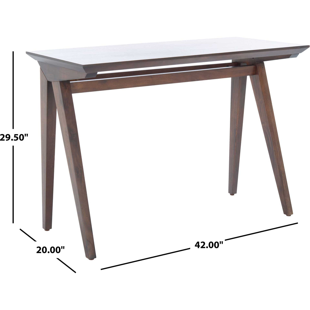 The walnut-finished desk measures 42 inches wide, 20 inches deep, and 29.5 inches high.