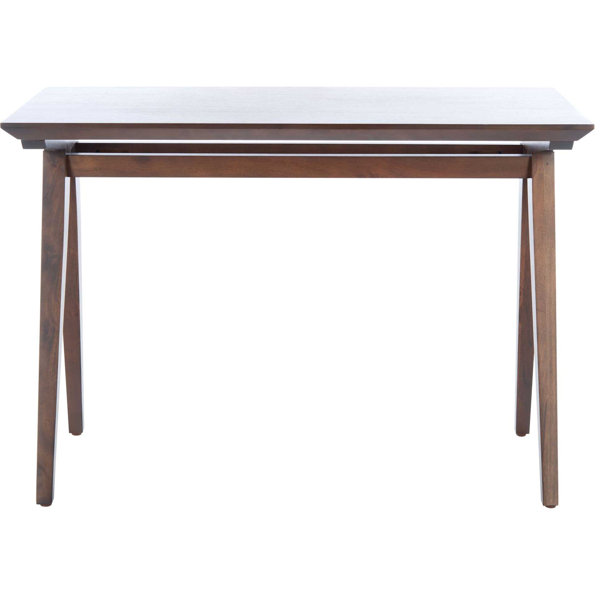 Rich walnut tones and slender, splayed legs frame a clean, open workspace. || DSK5002B || front_studio