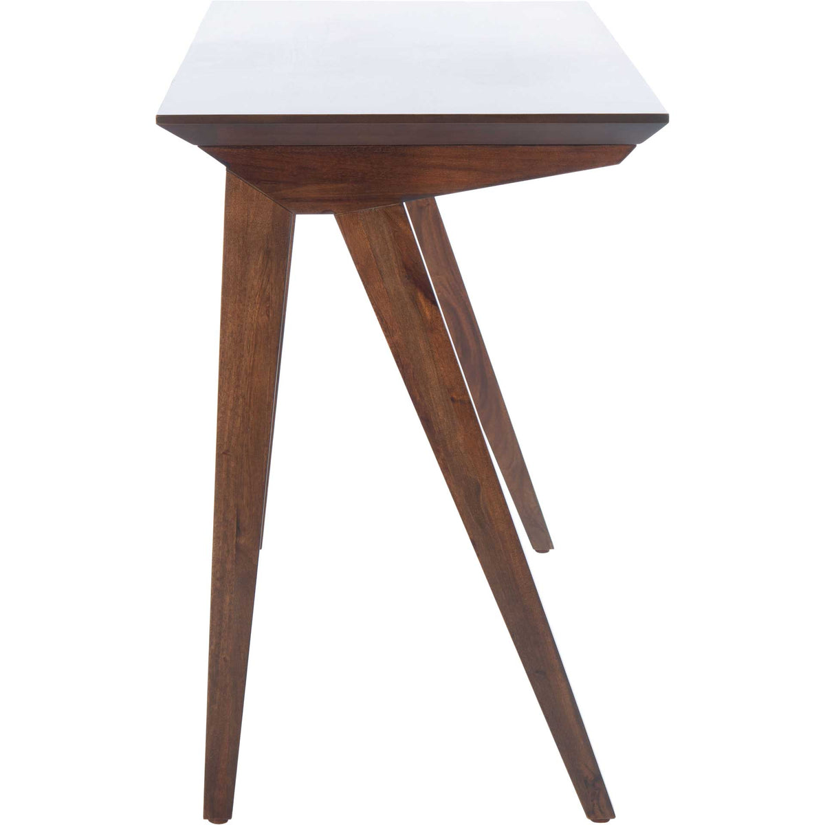 Angled walnut-finished legs create a distinctive A-frame silhouette.