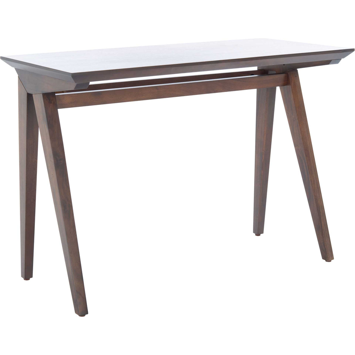 A smooth walnut-finished desktop sits above an airy A-frame base and slim support rail. || DSK5002B || front_angle_studio