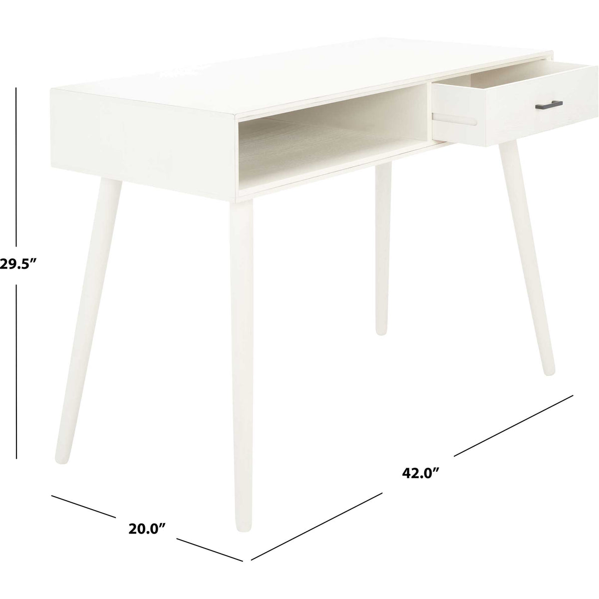 White writing desk offers a 42-inch width, 20-inch depth, and 29.5-inch height