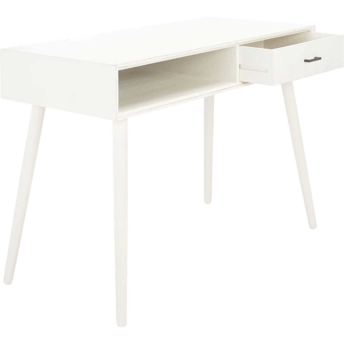 White wood desk combines an airy open shelf with a drawer pulled out for supplies