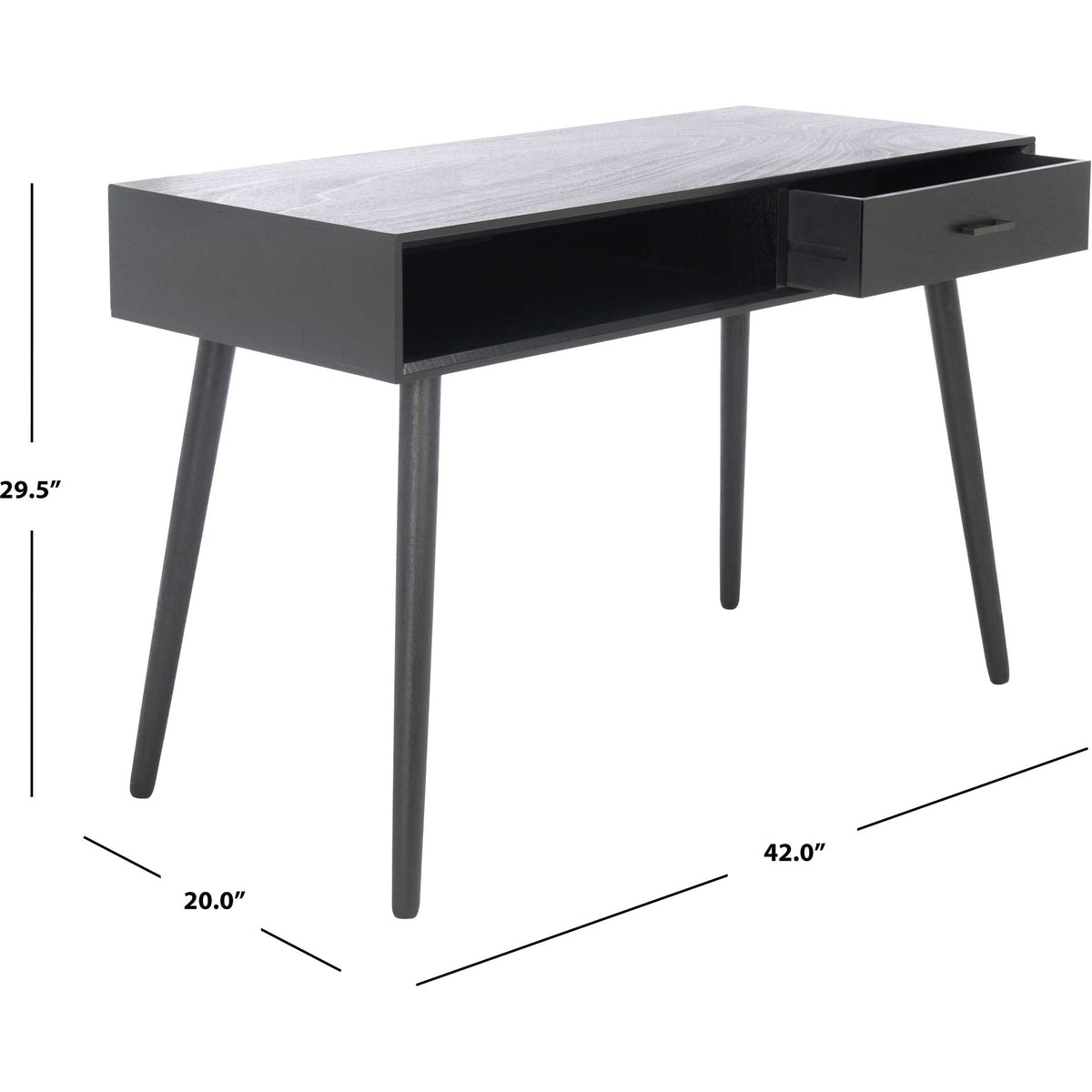 Black writing desk measures 42 inches wide, 20 inches deep, and 29.5 inches high