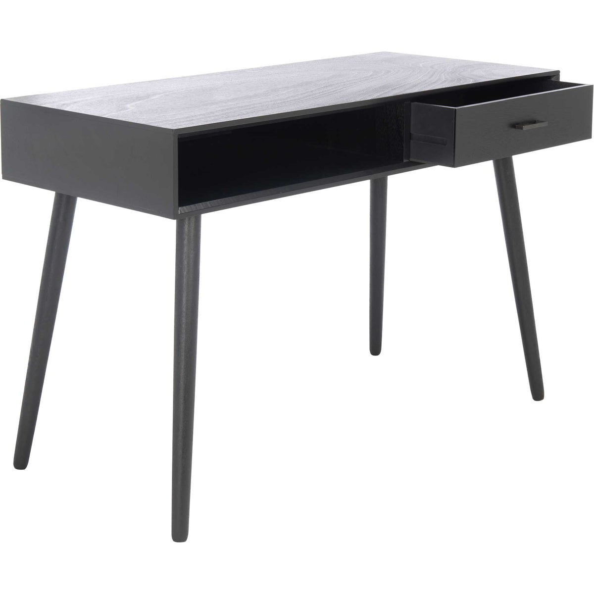 Black wood writing desk with a roomy shelf and a drawer pulled open for easy access