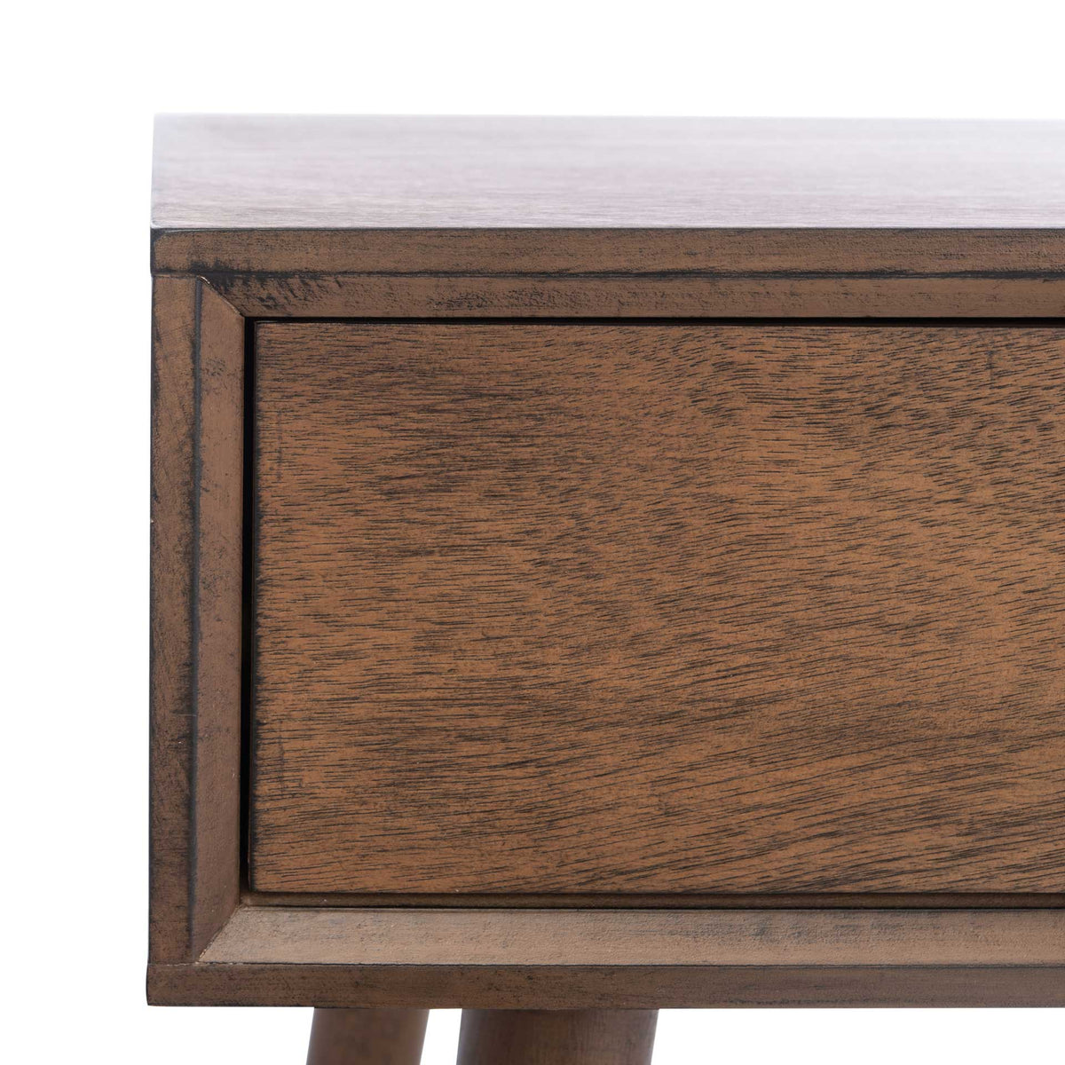 Natural-looking wood grain and framed drawer edges bring texture to the brown finish
