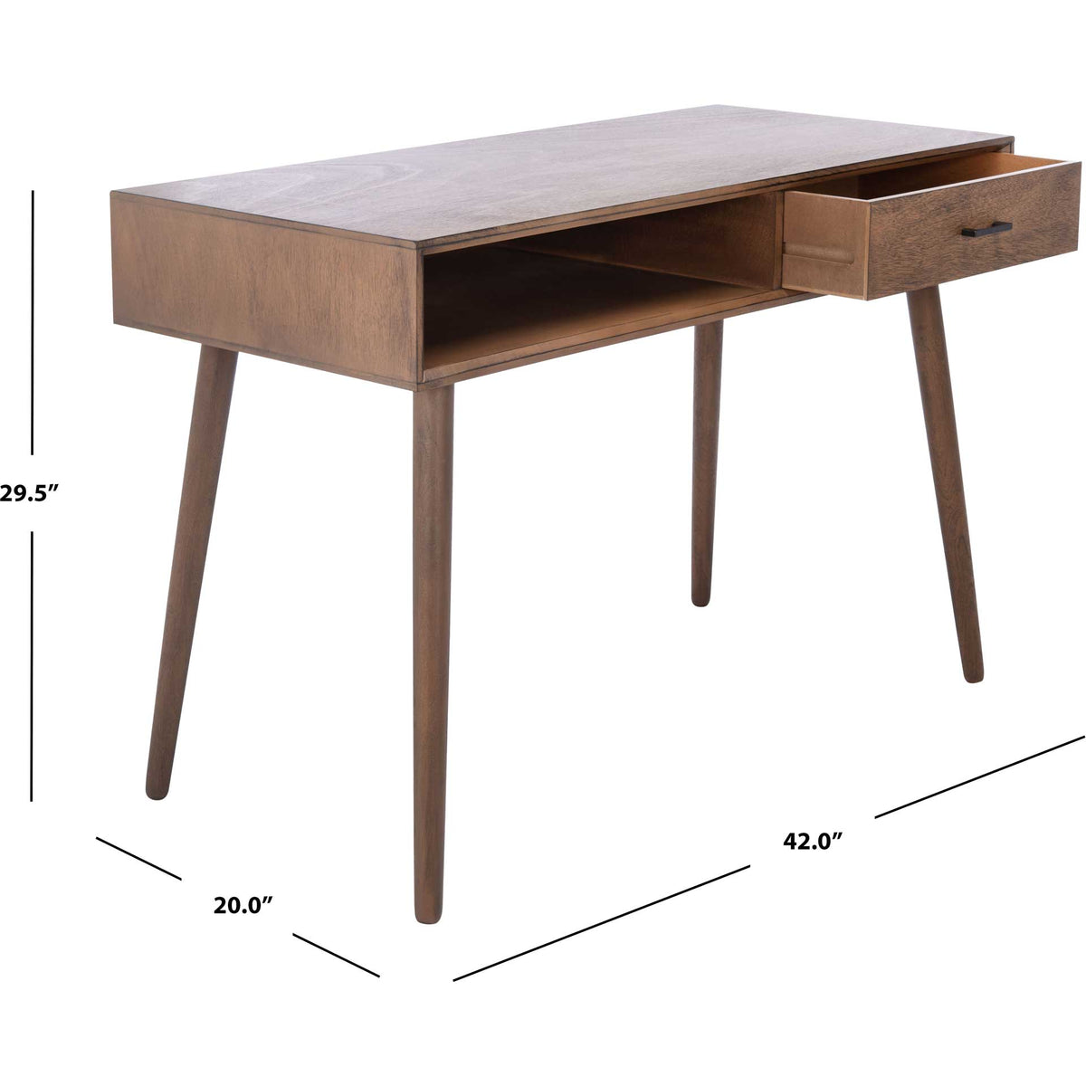 Brown writing desk features a 42-inch width, 20-inch depth, and 29.5-inch height