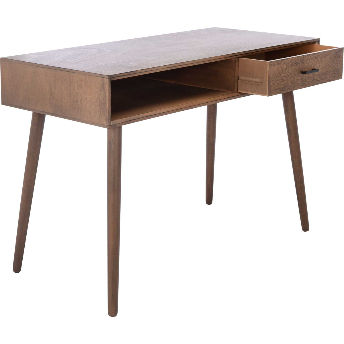 Brown wood desk combines a long open shelf with a pull-out drawer for supplies
