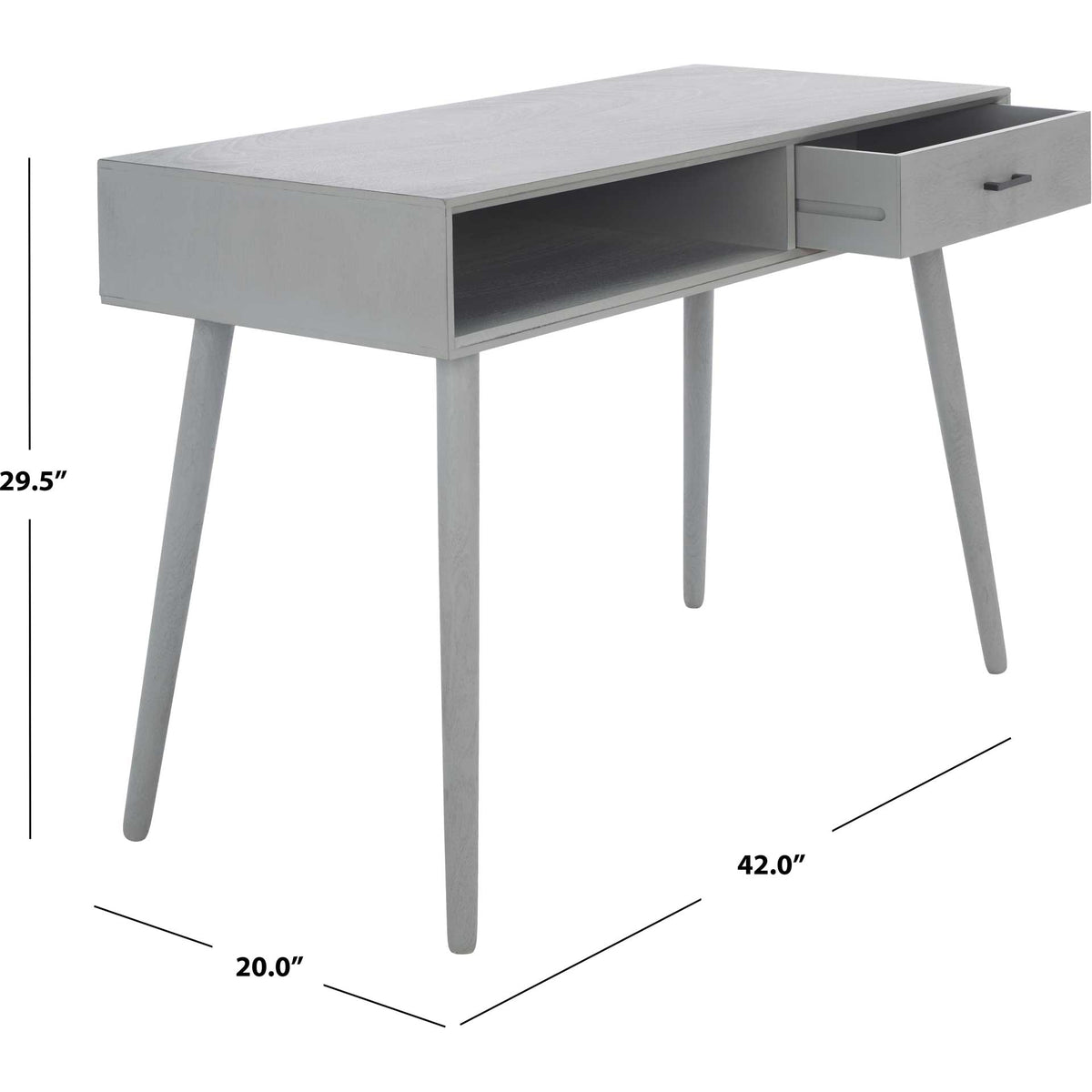 Gray writing desk measures 42 inches wide, 20 inches deep, and 29.5 inches high
