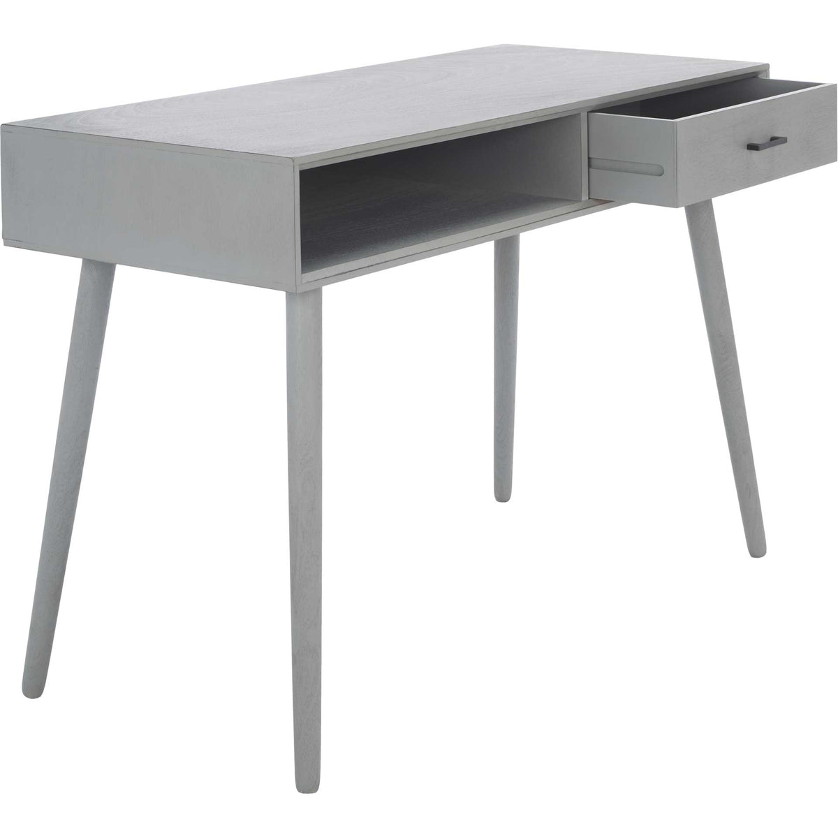 Gray wood desk offers open shelf space and a drawer extended for easy storage