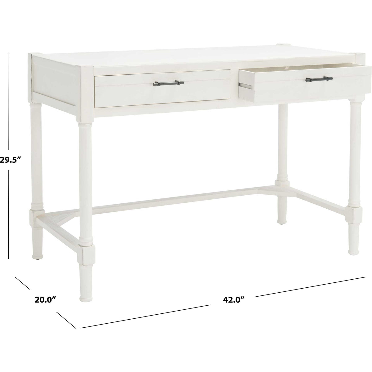 The distressed white desk spans 42 inches wide with two drawers and a generous open base
