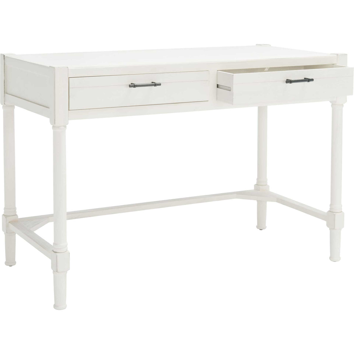 A distressed white desk opens to reveal a handy drawer beneath its spacious planked top