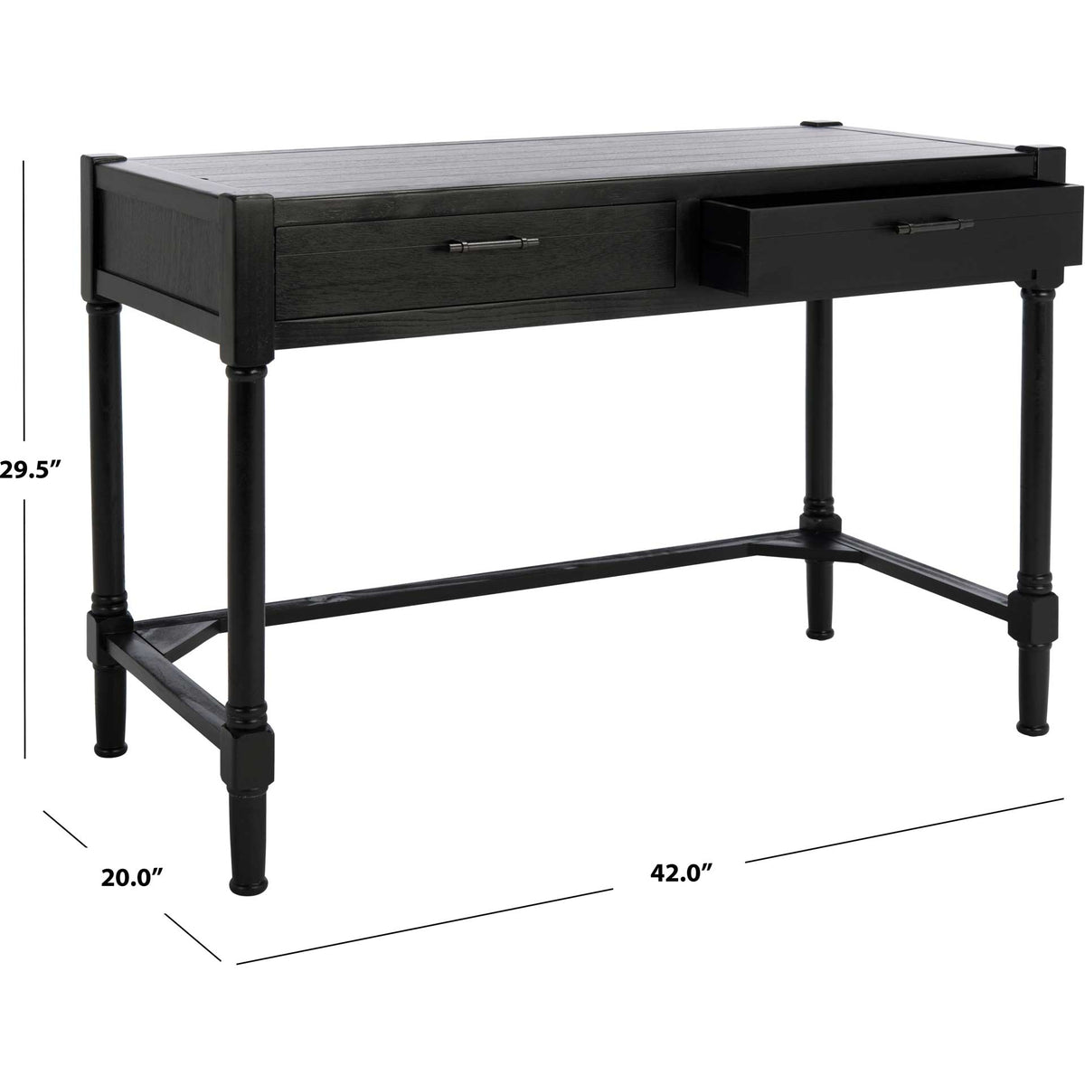 This 42-inch-wide black desk offers two drawers and a generous 29.5-inch work height