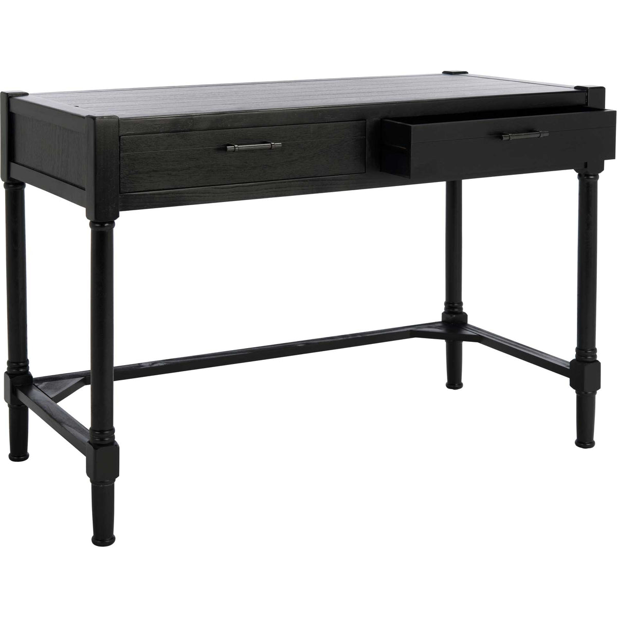 A smooth black work surface tops two drawers, one opened for easy access to office essentials