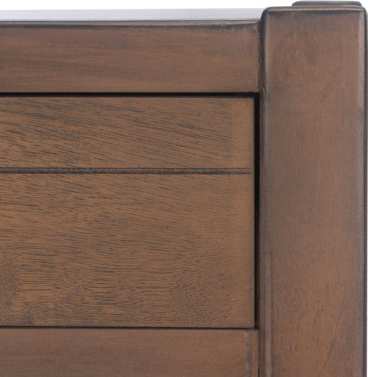 Warm brown wood grain and a framed drawer front lend the desk rich, lived-in character