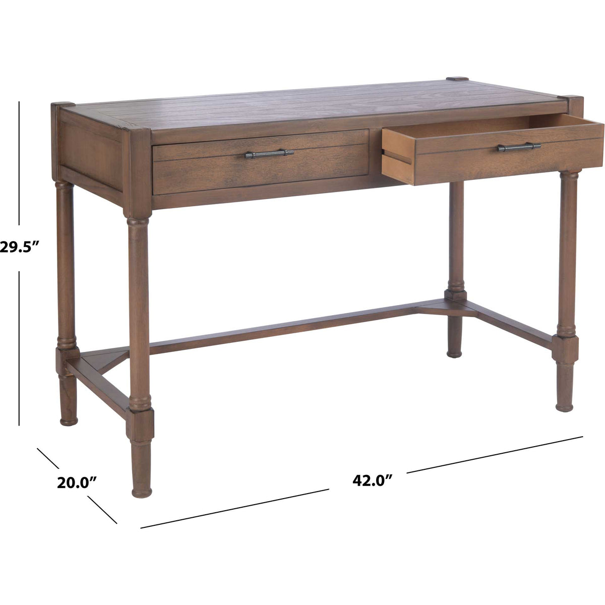 The 42-inch-wide brown desk provides two drawers and a 29.5-inch work height