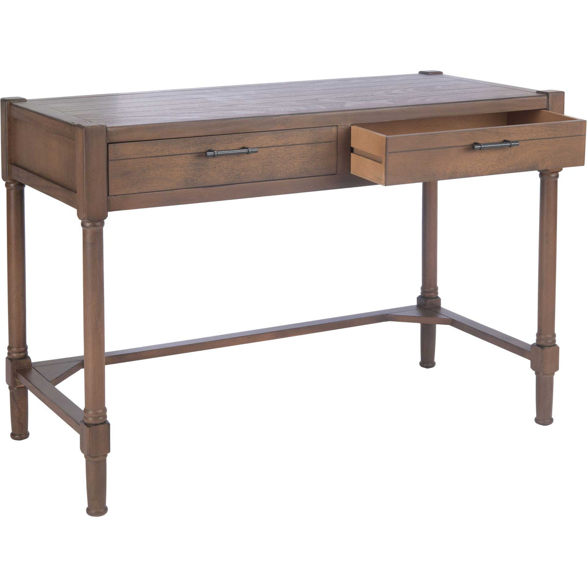 A pull-out drawer reveals handy storage beneath the brown desk's gently grained work surface