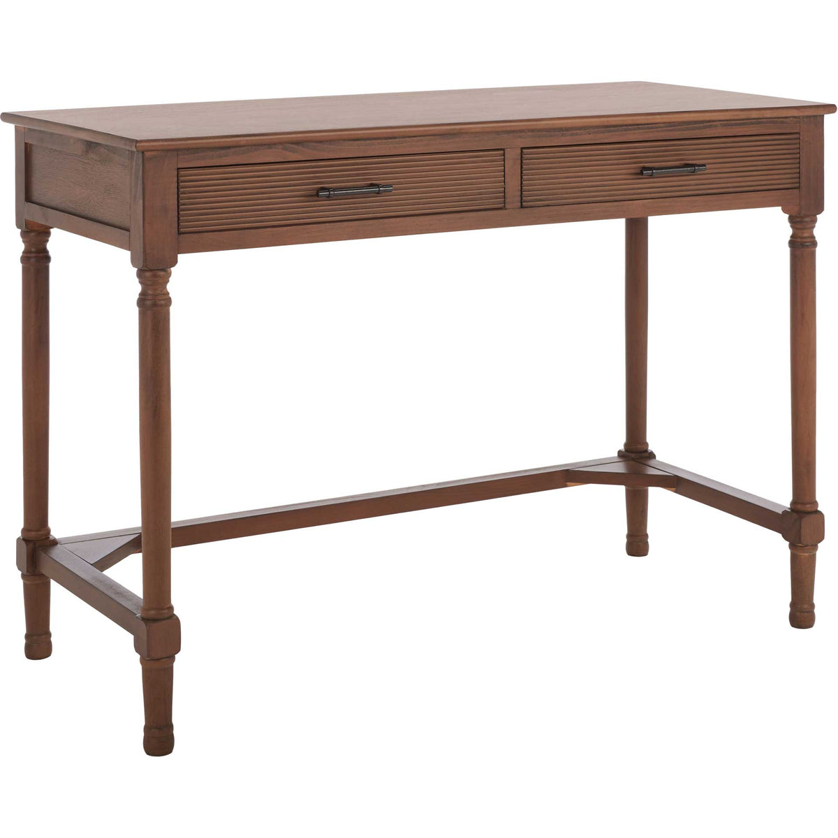 A warm brown desktop rests on turned legs, with low rails adding classic detail || DSK5704C || front_angle_studio