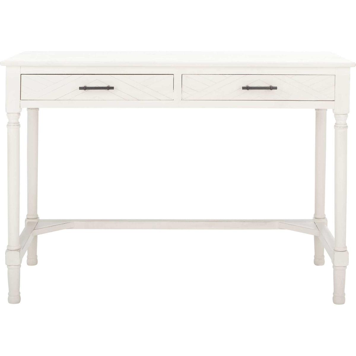 Two white chevron-front drawers with dark metal pulls give this slender desk a classic touch || DSK5705A || front_studio