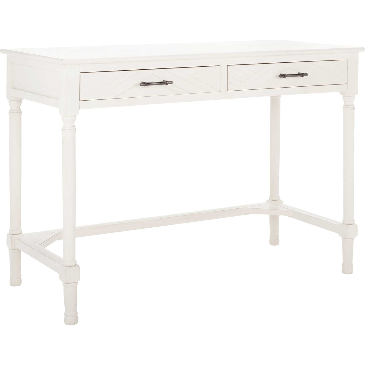 Distressed white desk with a broad writing surface, patterned drawers, and sturdy lower stretchers || DSK5705A || front_angle_studio