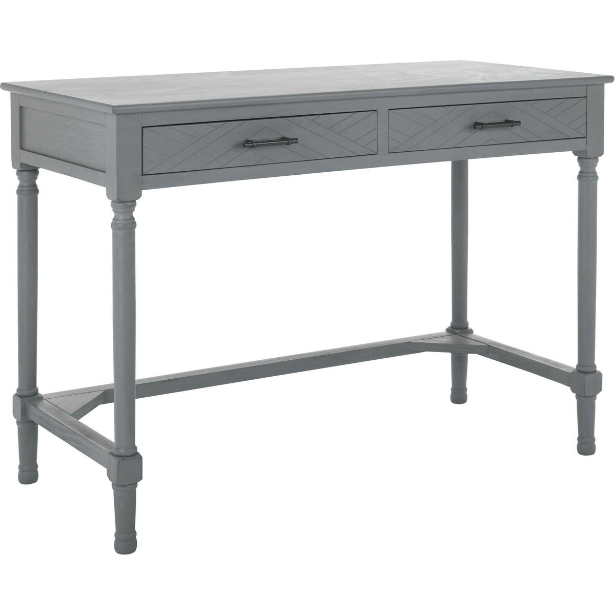 Distressed gray desk with two chevron-front drawers, dark pulls, and turned legs || DSK5705B || front_angle_studio