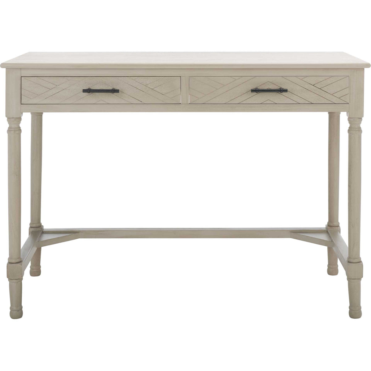 Geometric chevron drawers and black pulls distinguish this warm taupe two-drawer desk || DSK5705C || front_studio