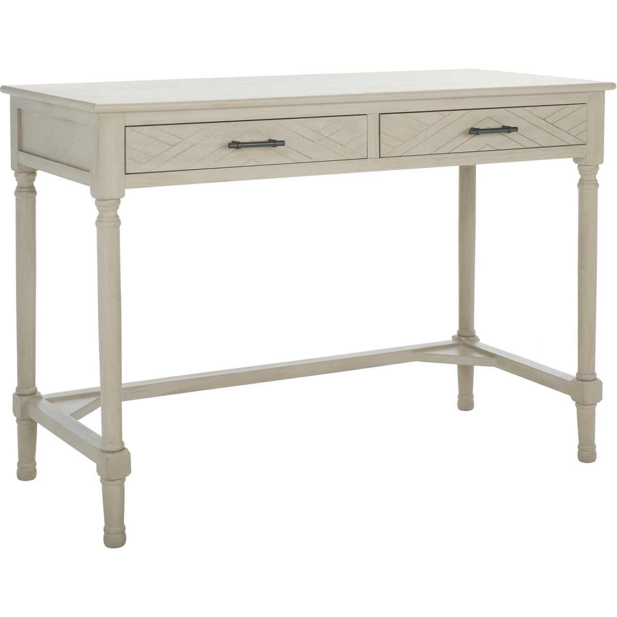 Taupe desk pairs a spacious rectangular top with chevron drawer fronts and turned legs || DSK5705C || front_angle_studio
