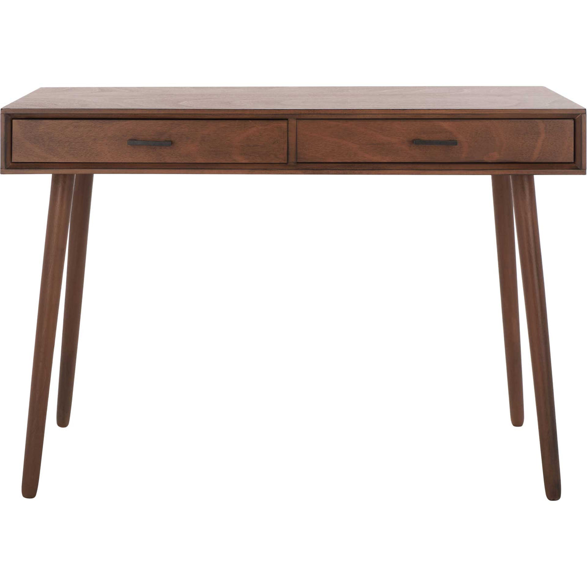 Warm brown desk with two wide drawers, dark metal pulls, and slender legs || DSK5708C || front_studio