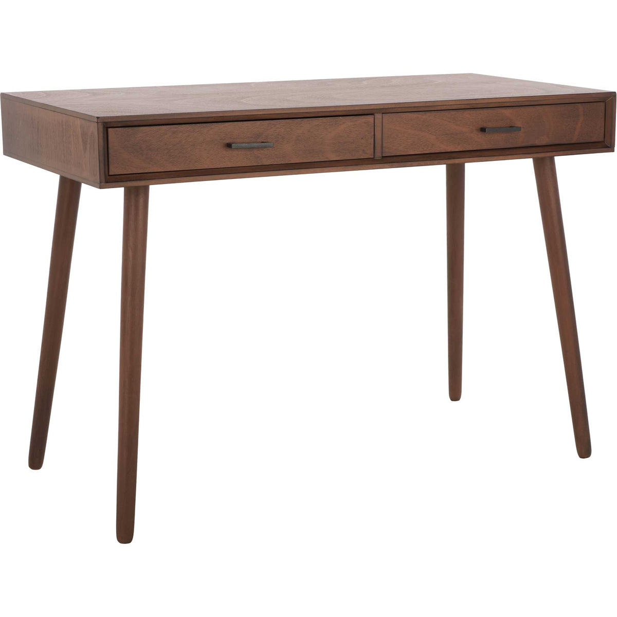 Slim brown desk with two drawers, dark pulls, and angled tapered legs || DSK5708C || front_angle_studio