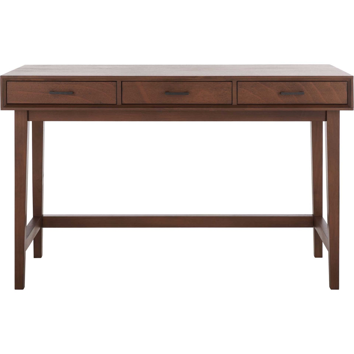 Three drawers and slim black pulls add practical storage to this clean-lined brown desk || DSK5709C || front_studio