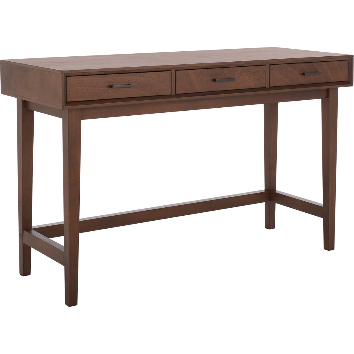 Warm brown desk with three drawers, slim black pulls, and an open stretcher base || DSK5709C || front_angle_studio
